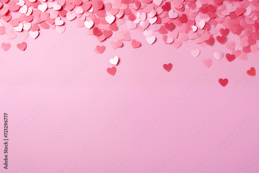 heart confetti on plain pink studio background valentines day template frame with copy text space