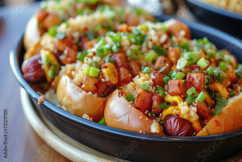 An urban-inspired bowl featuring hot dogs with a street food twist