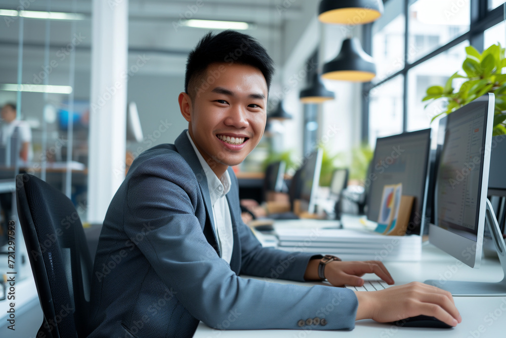 Portrait of Enthusiastic Asian Man Working on Computer in a Modern Bright Office. Confident Human Resources Agent Smiling Happily While Collaborating Online with Colleagues Portrait of Enthusiastic Asian Man Working on Computer in a Modern Bright Office. Confident Human Resources Agent Smiling Happily While Collaborating Online with Colleagues
