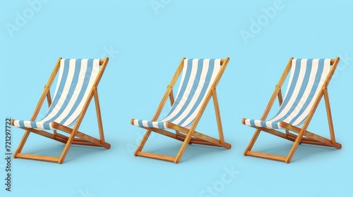 3D striped chair for relaxation. Furniture for pool. Wooden folding chair for summer leisure. Vector volumetric isolated illustration. Deckchair  front  side  back view