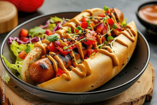 A trendy vegetarian twist on hot dogs, presented in a bowl with plant-based sausages