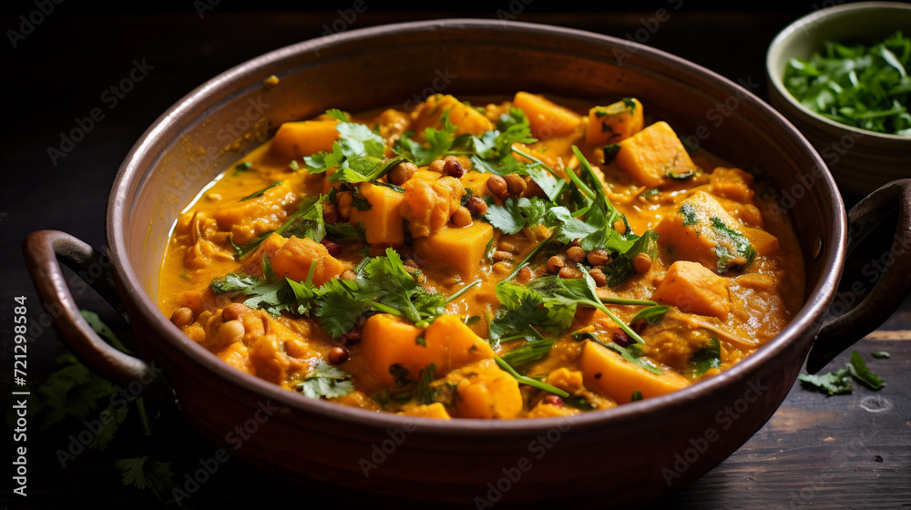 A fragrant curry made with sweet potatoes, chickpeas, and coconut milk.