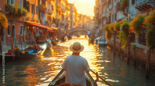 Foto A gondolier rides a gondola down the street