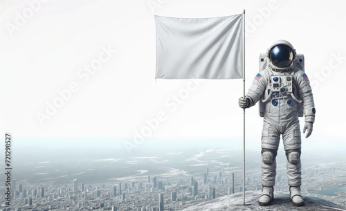 An astronaut in full space gear holding a blank white flag stands on top hill and cityscape below.