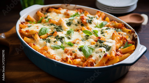 Baked ziti pasta with a rich tomato sauce, spinach, and melted mozzarella cheese.