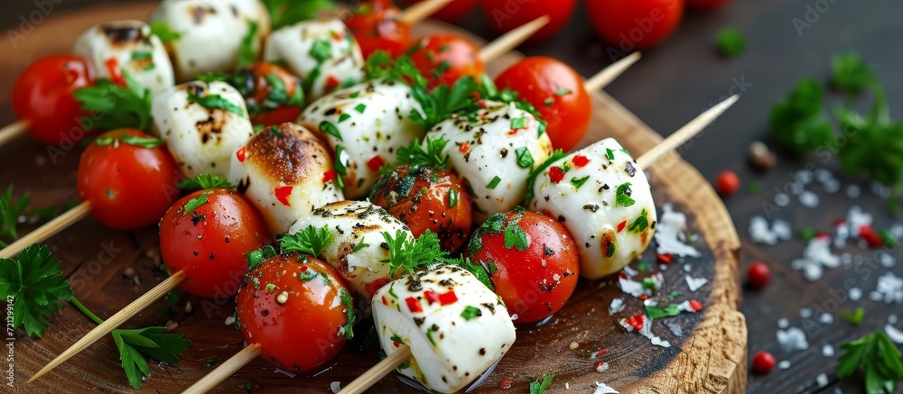 Delicious Mozzarella, Tomato, and Parsley Skewers on a Rustic Wood Board