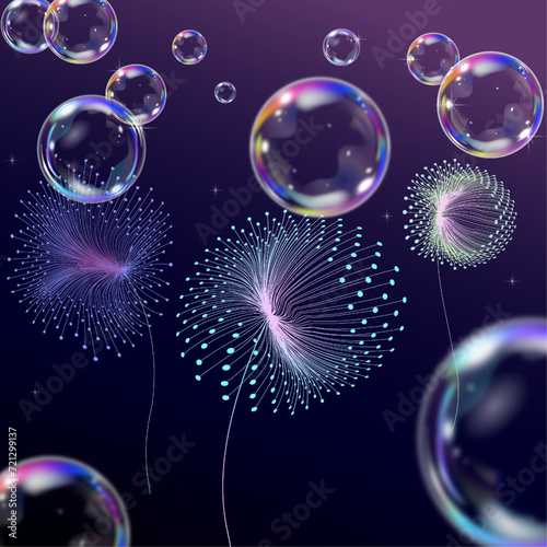 fabulous flowers with soap bubbles on dark background