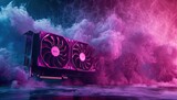 Colorful smoke envelops a GPU adorned with spinning cooling fans.