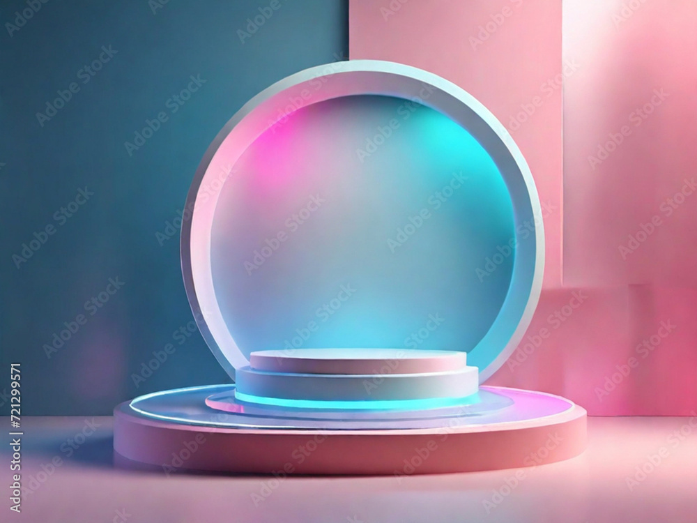 3D abstract studio with a podium on a pedestal.Empty studio with bright hologram glow effect and neon shades
