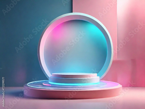 Obraz na płótnie 3D abstract studio with a podium on a pedestal.Empty studio with bright hologram glow effect and neon shades w salonie
