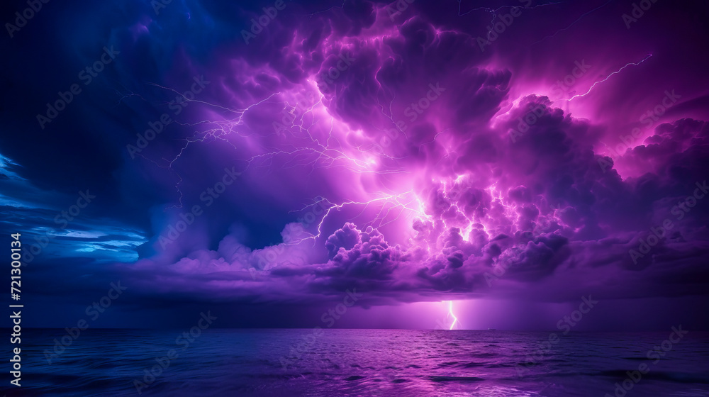 Fototapeta premium Thunderstorm skies over the ocean, with lightning coursing overhead.