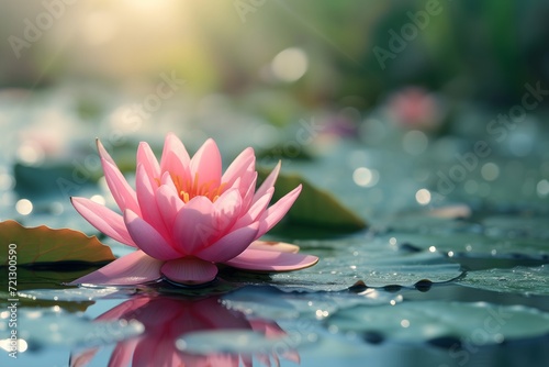 A stunning pink lotus blossoms gracefully in water  kissed by the golden glow of sunshine. Nature s elegance and purity in every petal.