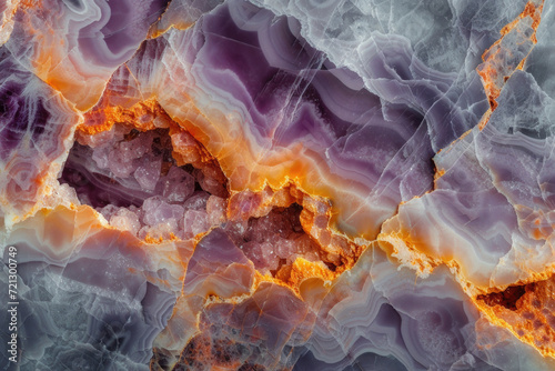 Layered violet and orange texture of precious stone surface. Natural mineral background photo