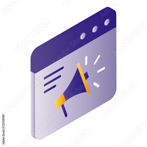 Internet Marketing campaign isometric Concept, Social Media Announcement Sign, Browser with Megaphone vector icon design, Cloud computing and Internet hosting services Symbol, 