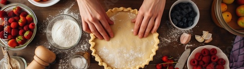 A baker's hands crimping the edge of a raw pastry for a tart, with bowls of fresh fruit fillings and ingredients nearby photo
