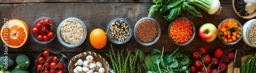 A family kitchen scene with various organic ingredients laid out for a healthy cooking session, featuring fruits, vegetables, and whole grains photo