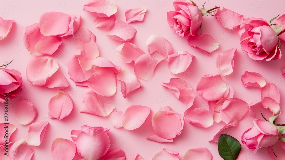 Minimal style. Pink rose petals set on pastel pink background Minimal style. Pink rose petals set on pastel pink background