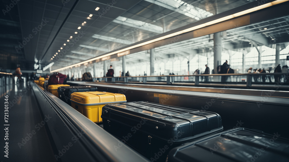 Suitcases on conveyor belt on airport. AI Suitcases on conveyor belt on airport. AI