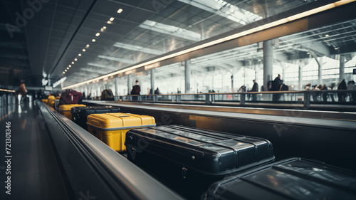 Suitcases on conveyor belt on airport. AI