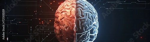 Close-Up of Human Brain Integrated with Futuristic Technology, Against Black Background 