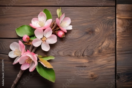 Spring flowers on vintage on a dark rustic wooden background table. Spring background with blossoming apricot branches and cherry branches, blossom. Top view 