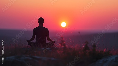 Serene moment captured as a man gracefully practices yoga, embracing the tranquility of zen meditation against a breathtaking sunset backdrop.