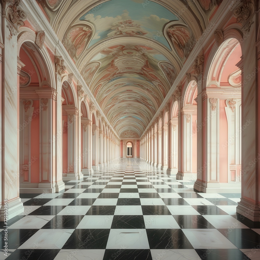 Fototapeta premium Ethereal Elegance: Pastel-Toned Corridor with Frescoed Ceiling and Marble Checkered Flooring