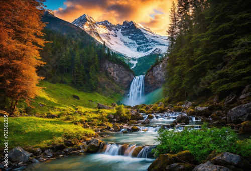 A magnificent view of nature. Flowing waters and lakes. Mountains and trees