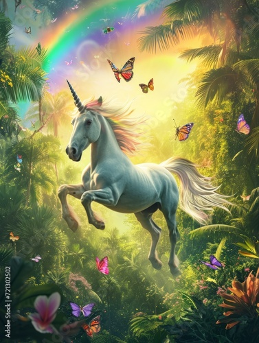 Unicorn Flying over Tropical Forest with Rainbow and Butterflies