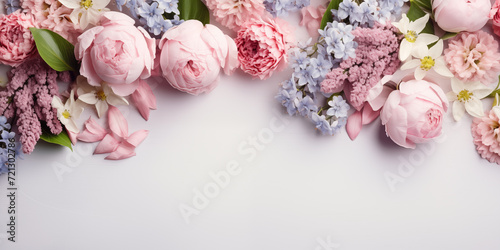Spring banner with flowers and light copy space. Spring season concept.