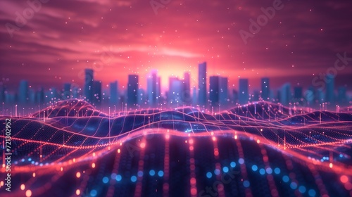 Futuristic city connections: A captivating image of smart city concepts, abstract dots, gradient lines, and intricate wave designs. Perfect for technology and big data themes.