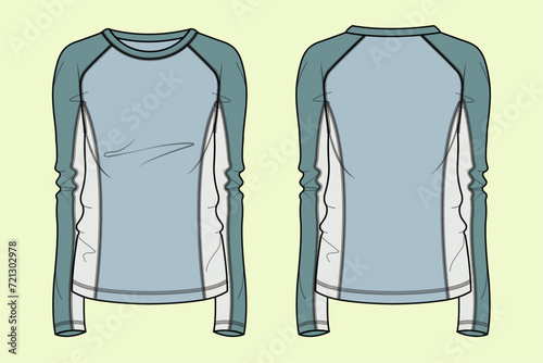 Sports Cycling Active Raglan Full Sleeve Round Neck T-Shirt - Front, Back, and Side View - Vector Flat Sketch for Running, Yoga, and Gym photo