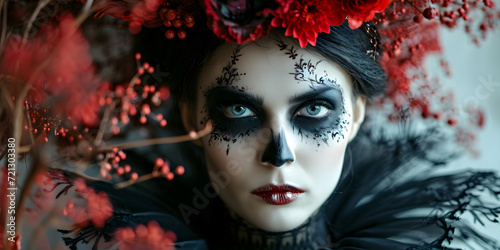 A spooky Halloween beauty portrait of a death skeleton woman with makeup on her face.