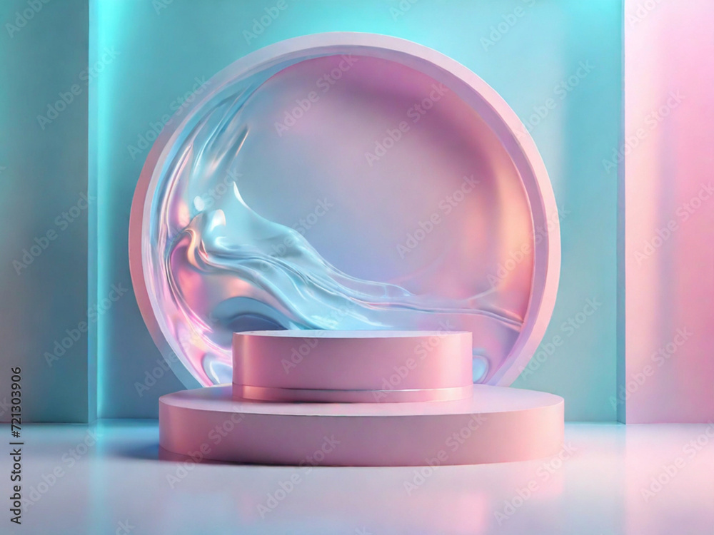 3D abstract studio with a podium on a pedestal. Empty studio with a bright hologram glow effect in soft pastel colors, and liquid flying in the air