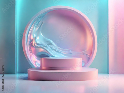 Obraz na płótnie 3D abstract studio with a podium on a pedestal. Empty studio with a bright hologram glow effect in soft pastel colors, and liquid flying in the air w salonie