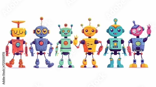 Set of happy funny cartoon childish robots wave hand, say hello. Cute kid cyborgs, retro, futuristic modern bots, android, smiling characters in flat vector illustration isolated on white background