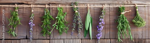 Artistic composition of herbs hanging to dry, including lavender, sage, and rosemary, against an aged wooden background