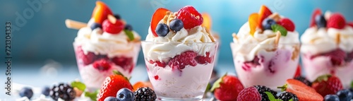 Artistic display of ice cream sundaes garnished with summer fruits and berries, perfect for a hot summer day photo