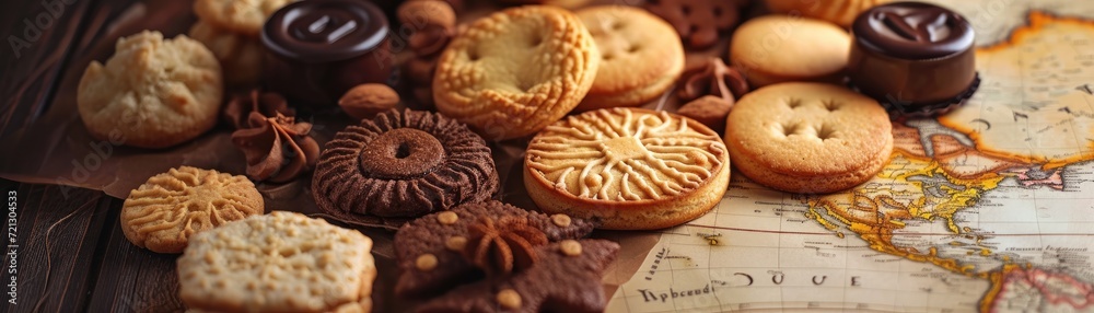 Assortment of traditional biscuits from around the world, displayed on a map background, travel and cuisine concept