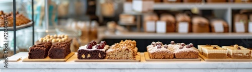 Bright and airy bakery shelf stocked with gluten-free confections  such as date brownies and chickpea blondies  inviting atmosphere