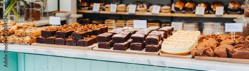 Bright and airy bakery shelf stocked with gluten-free confections, such as date brownies and chickpea blondies, inviting atmosphere