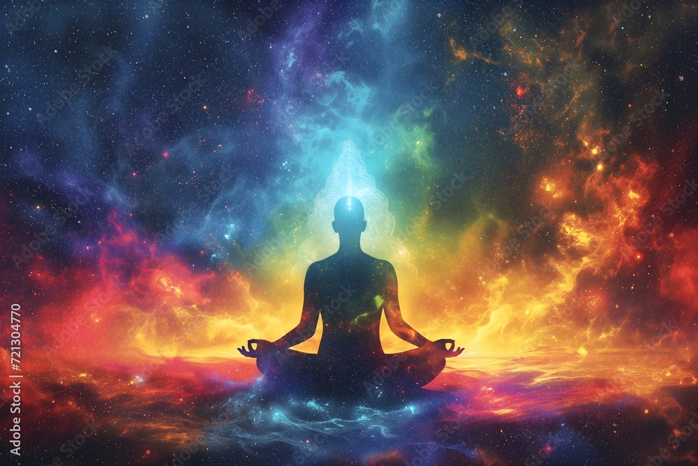 Dive into the cosmic meditation realm with this universe-inspired image. A blend of chakras, prana, and the divine mind creates a spiritual oasis. Generative AI brings this cosmic journey to life. Dive into the cosmic meditation realm with this universe-inspired image. A blend of chakras, prana, and the divine mind creates a spiritual oasis. Generative AI brings this cosmic journey to life.