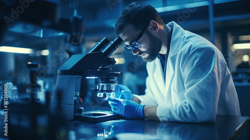 Focused male scientist conducting research using a microscope in a modern laboratory setting