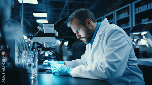 Focused male scientist conducting research using a microscope in a modern laboratory setting