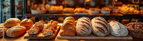 Cozy bakery scene with a display of handcrafted breads, including sourdough, baguettes, and multigrain loaves, warm ambient lighting photo