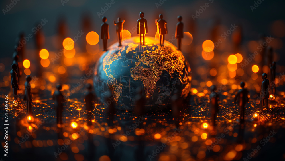 Global Business Network: Silhouette Figurines of Businesspeople on a Globe with Network Connections for Website Use
