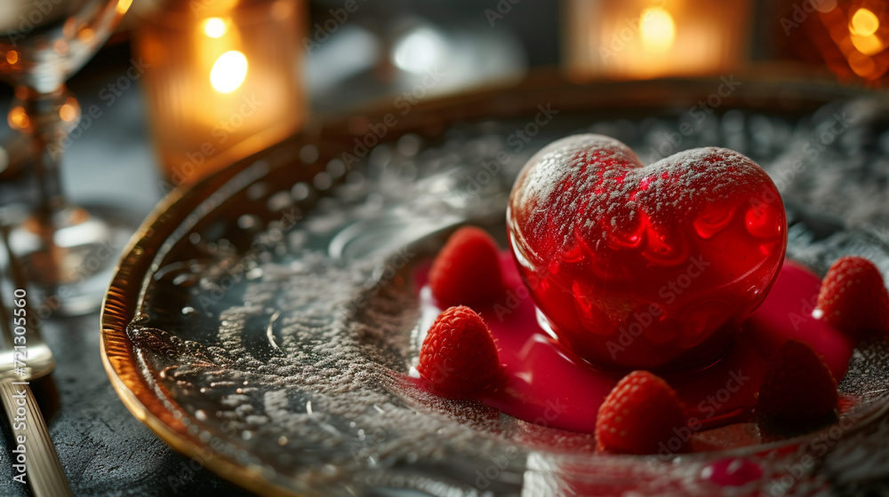 A dramatic shot of a heart-shaped dessert with elegant plating, creating a visually delightful scene suitable for conveying sweet sentiments
