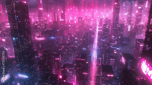 A futuristic ity in 3D abstraction , portarying a dystopian urban landscape with angular strutures and neon lights photo