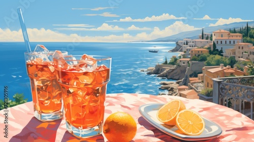 two aperol spritz on a summer evening in a restaurant, Two glasses of orange spritz aperol drink cocktail, Two glasses with Aperol-Syringe cocktail photo