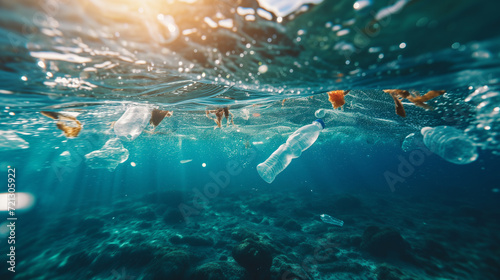 Ocean Pollution Crisis with Plastic Waste Floating Underwater